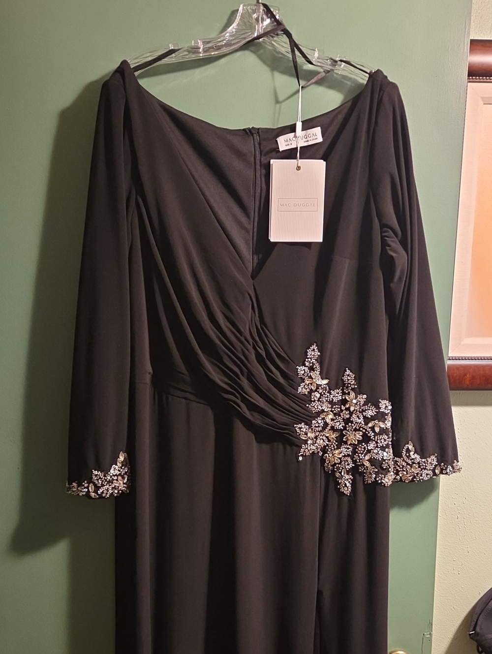 Mac Duggal Black Long Sleeve Evening Dress with Floral Beading
